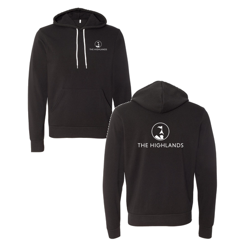 The Highlands Logo 2 White Ink -- Pullover Hooded Sweatshirt Black