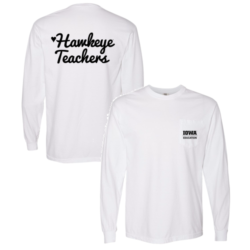 Hawkeye Teachers Comfort Colors Unisex Garment-Dyed Heavyweight Long Sleeve Pocket T-Shirt -- White