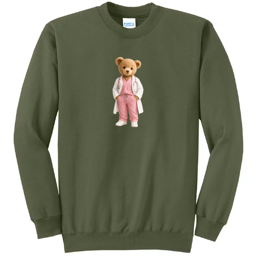 Printed Dr Bear Port and Company Classic Crewneck Sweatshirt -- Olive Drab Green