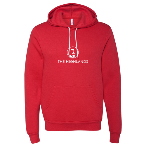 The Highlands Logo 1 White Ink -- Pullover Hooded Sweatshirt Red