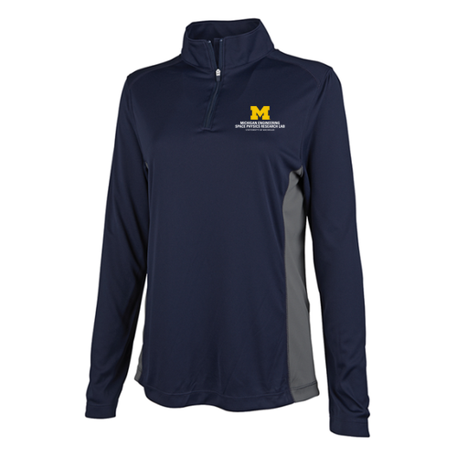 Ladies Charles River Horizon Quarter Zip Pullover -- Navy / Grey, Stacked Logo