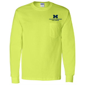 Men/Unisex Gildan Long Sleeve Pocket Tee -- Safety Green, Fleet Garage, $21