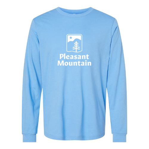Pleasant Mountain Logo 1 White Ink -- Longsleeve Carolina Blue