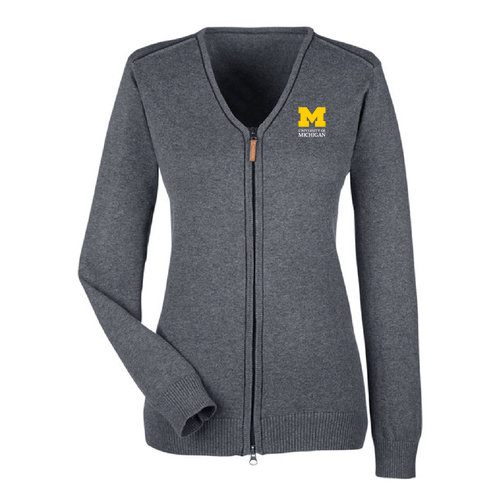 Ladies Devon & Jones Manchester Fully-Fashioned Full-Zip Cardigan Sweater -- Dark Grey Heather / Black