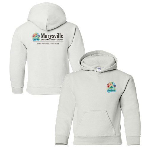 Gildan Heavy Blend Youth Hooded Sweatshirt -- White -- Front & Back