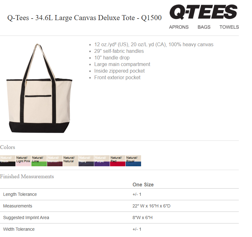 Q-Tees Large Canvas Deluxe Tote Bag -- Natural / Royal
