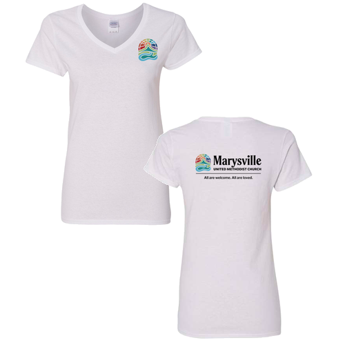 Gildan Heavy Cotton Ladies' V-Neck Tee Front & Back -- White