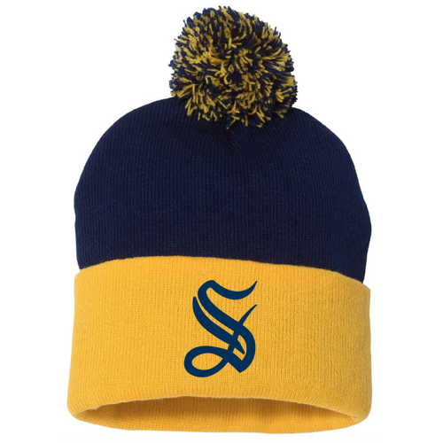 Sportsman Pom Pom Knit Hat -- Navy / Gold