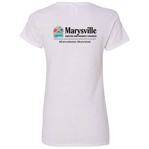 Gildan Heavy Cotton Ladies' V-Neck Tee Front & Back -- White