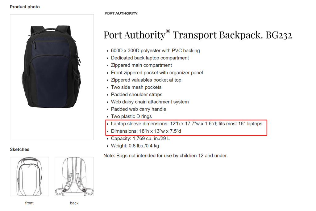 Port Authority Transport Backpack -- True Navy / Black