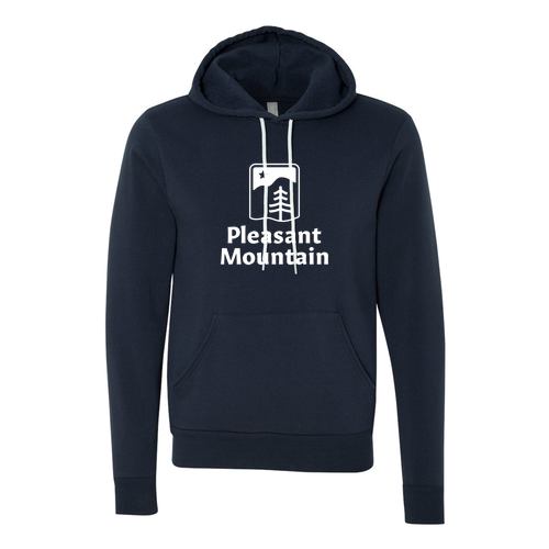 Pleasant Mountain Logo 1 White Ink -- Pullover Hooded Sweatshirt Navy