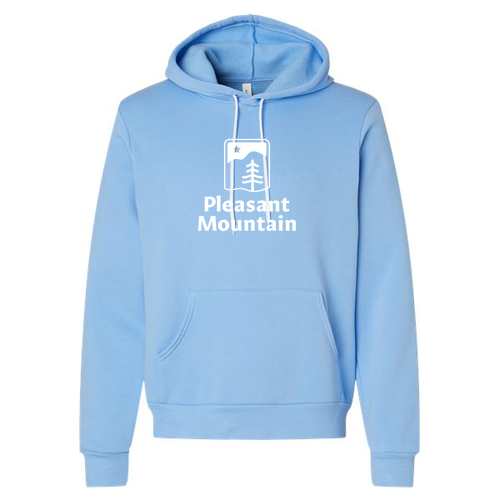 Pleasant Mountain Logo 1 White Ink -- Pullover Hooded Sweatshirt Carolina Blue