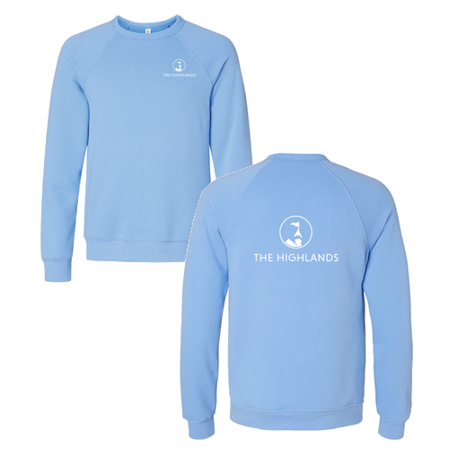 The Highlands Logo 2 White Ink -- Raglan Sweatshirt Carolina Blue