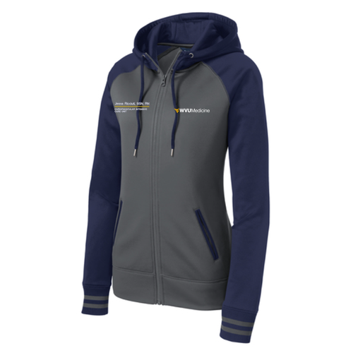 Embroidered Sport-Tek Ladies Sport-Wick Varsity Fleece Full-Zip Hooded Jacket -- Dark Smoke Grey / Navy