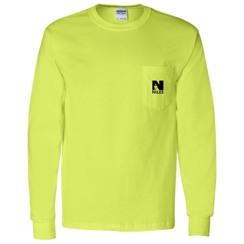 Mens/Unisex Gildan Long Sleeve Pocket Tee -- Safety Green, NIC Logo, 6 Points