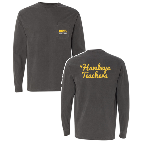 Hawkeye Teachers Comfort Colors Unisex Garment-Dyed Heavyweight Long Sleeve Pocket T-Shirt -- Pepper
