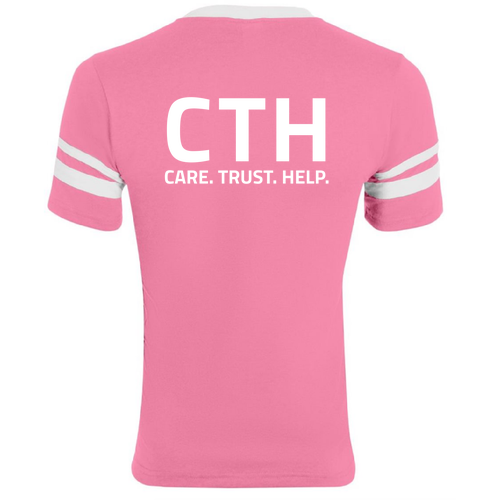 Unisex Augusta Two-Sleeve Stripe V-Neck T-Shirt-- Pink / White, 6 Points