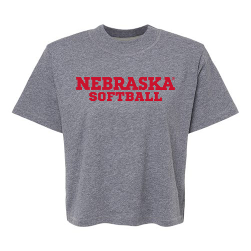 Nebraska Softball Block Font Ladies' Boxy Tee -- Granite Heather