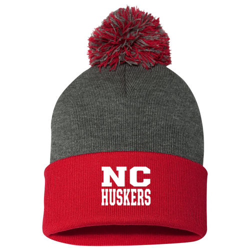 Sportsman Pom Pom Knit Hat -- Dark Heather Grey / Red