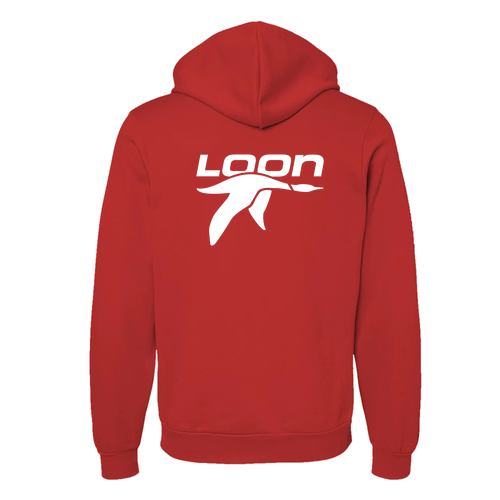 Loon Logo 2 White Ink -- Pullover Hooded Sweatshirt Red