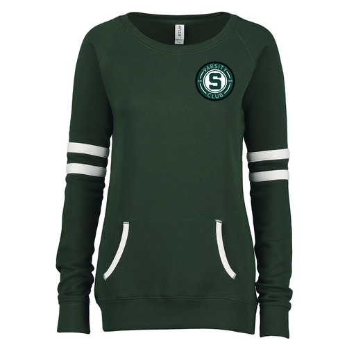 Enza Ladies Varsity Fleece Crew Neck Pullover -- Forest / White