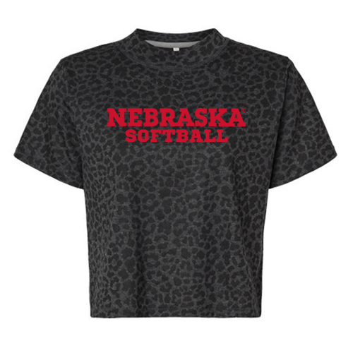 Nebraska Softball Block Font Ladies' Boxy Tee -- Black Leopard