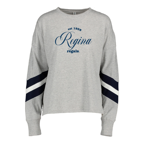 Embroidered Elegant Script Enza 14779 Ladies Essential Boxy Varsity Long Sleeve Tee -- Athletic Heather / Navy