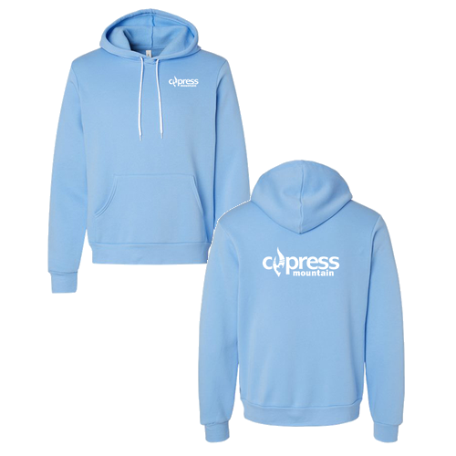 Cypress Mountain Logo 2 White Ink -- Pullover Hooded Sweatshirt Carolina Blue