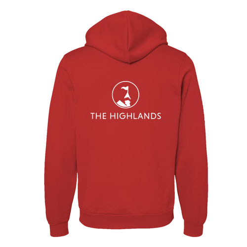 The Highlands Logo 2 White Ink -- Pullover Hooded Sweatshirt Red