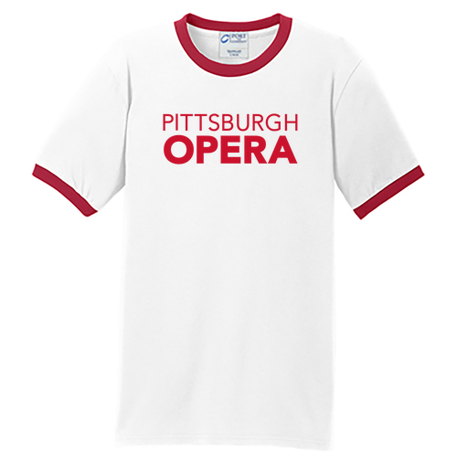 Port and Company Core Cotton Ringer Tee -- White/ Red with Red Print