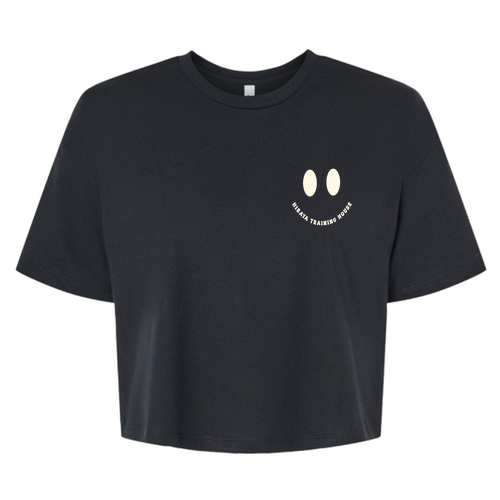 Happy Face Womens Jersey Cropped Tee -- Black