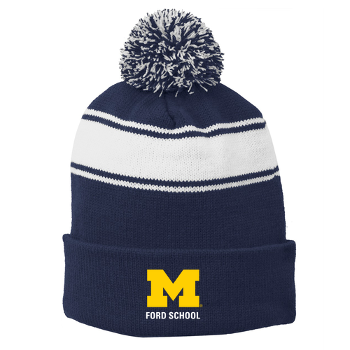 Sport Tek Stripe Pom Pom Beanie -- True Navy/ White