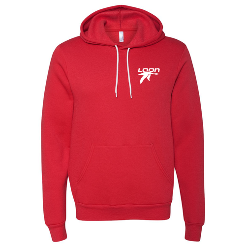 Loon Logo 2 White Ink -- Pullover Hooded Sweatshirt Red