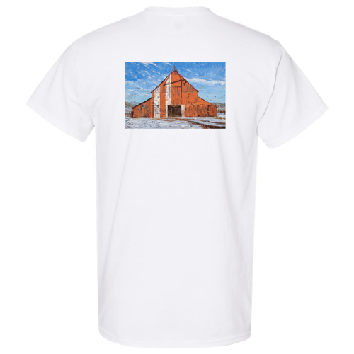 Chula Beauregard Red Barn Painting 100% Cotton T-Shirt -- White