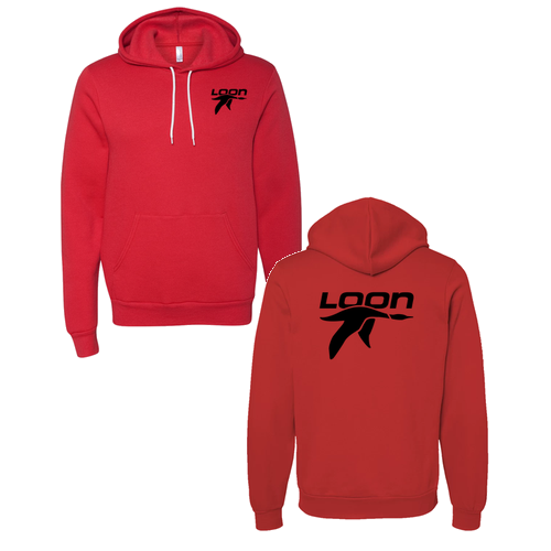 Loon Logo 2 Black Ink -- Pullover Hooded Sweatshirt Red