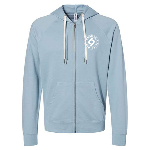 Independent Trading Lightweight Full-Zip Hooded Sweatshirt -- Misty Blue w. white logo