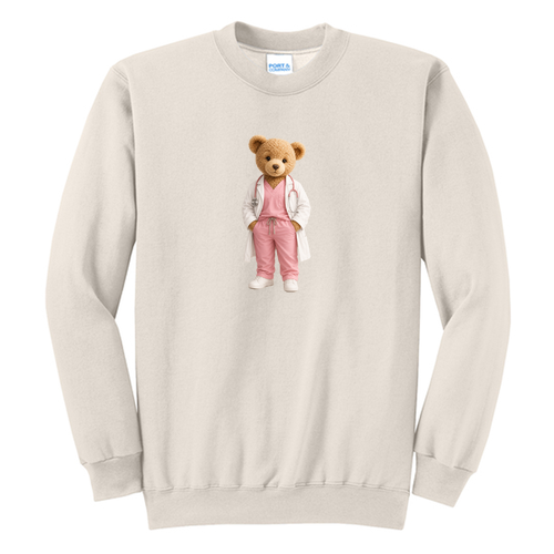 Printed Dr Bear Port and Company Classic Crewneck Sweatshirt -- Natural