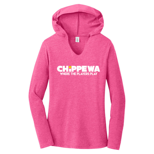Ladies District Made Perfect Tri Long Sleeve Hoodie T-Shirt -- Fuchsia Frost