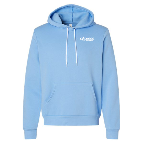 Cypress Mountain Logo 2 White Ink -- Pullover Hooded Sweatshirt Carolina Blue
