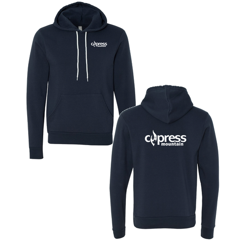 Cypress Mountain Logo 2 White Ink -- Pullover Hooded Sweatshirt Navy