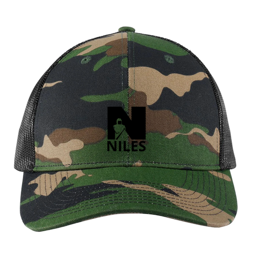 Port Authority Snapback Trucker Hat -- Woodland Camo / Black, NIC Logo, 6 Points
