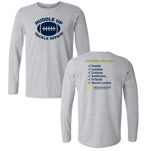 Gildan Softstyle Fitted Longsleeve T Shirt -- Sport Grey, Huddle Up Tackle Sepsis