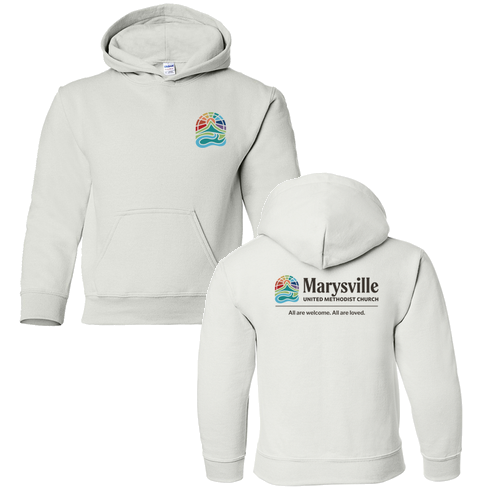 Gildan Heavy Blend Youth Hooded Sweatshirt Front & Back -- White