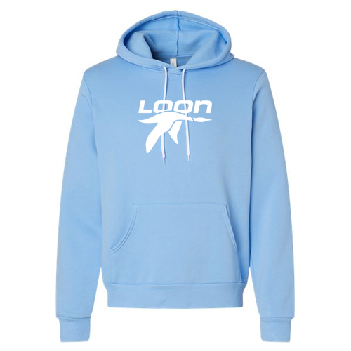 Loon Logo 1 White Ink -- Pullover Hooded Sweatshirt Carolina Blue