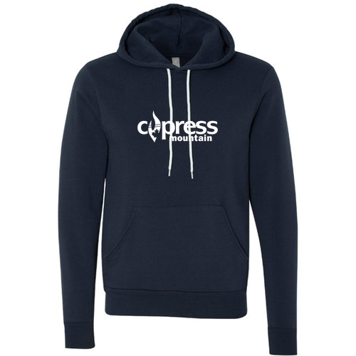 Cypress Mountain Logo 1 White Ink -- Pullover Hooded Sweatshirt Navy