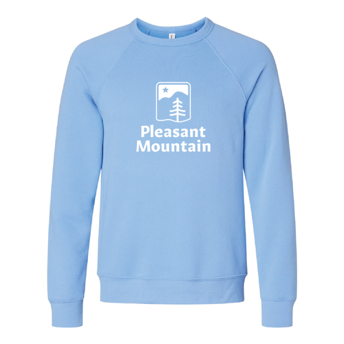 Pleasant Mountain Logo 1 White Ink -- Crewneck Sweatshirt Carolina Blue