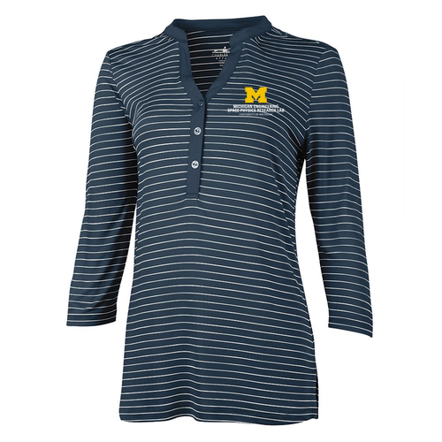 Ladies Charles River Windsor Henley -- Navy / White Stripe, Stacked Logo
