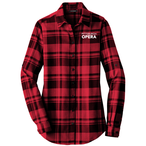 Embroidered Ladies Plaid Flannel Tunic -- Engine Red / Black