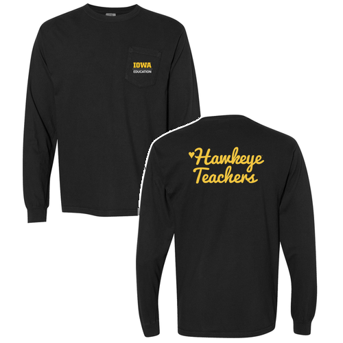 Hawkeye Teachers Comfort Colors Unisex Garment-Dyed Heavyweight Long Sleeve Pocket T-Shirt -- Black