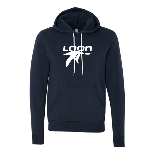 Loon Logo 1 White Ink -- Pullover Hooded Sweatshirt Navy